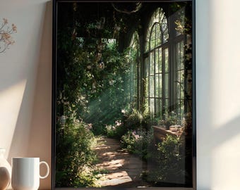 Dark Cottagecore Greenhouse Wall Art, Mystical Botanical Digital Download, Vintage Witchy Aesthetic, Dark Green Print, Moody Home Decor