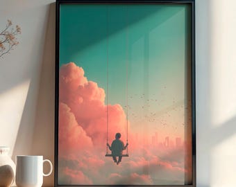 Surreal Swing in Sky Wall Art Print, Dreamy Cloud Landscape Poster Digital Download, Pastel Fantasy Decor for Calm Whimsical Home Vibes