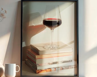 Minimal Wine Glass Still Life Printable Wall Art, Aesthetic Book Stack Photo, Neutral Home Decor Digital Download, Multi-Size Poster