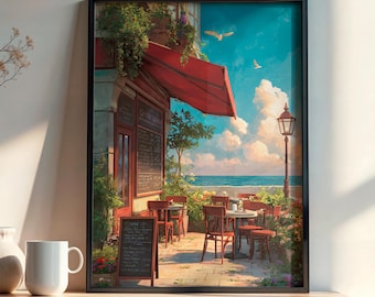Coastal French Café Wall Art | Seaside Terrace Illustration Print | Romantic Summer Coffee Shop Decor | Pastel Beach Aesthetic Digital Print