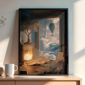 Może przedstawiać: Oprawiony wydruk przedstawia surrealistyczną scenę z kominkiem, drzewem i otwartym oknem z widokiem na burzliwe morze i balon na ogrzane powietrze. Biały kubek, dwa wazony i wazon z gałęziami stoją na drewnianej szafce.