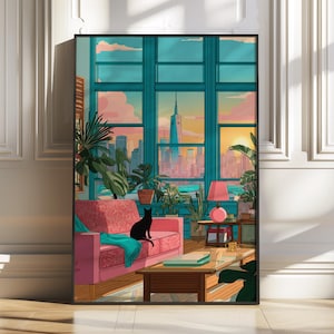 Kat illustratie in de skyline van NYC, New York Wall Art Print, schattige kat digitale kunst, maximalist reisdecor, kleurrijke NYC-poster