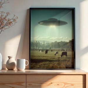 Alien Abduction Wall Art Print, Surreal UFO Cow Poster Digital Download, Cosmic Retro Sci-Fi Decor, Whimsical Space Home Art