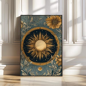 Mystical Orange Sun and Roses Print – Boho Botanical Wall Art for Bedroom or Living Room, Spiritual Folk Art Poster in Earth Tones