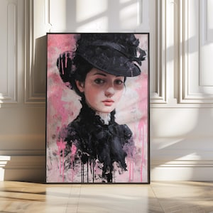 Victorian Woman Quirky Art Print | Pink Eccentric Wall Decor | Funny Gothic Portrait for Bathroom | Surreal Vintage Digital Artwork