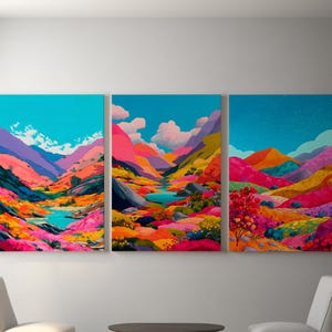 Colorful Landscape Wall Art Set of 3 Prints with Abstract Mountain Views, Bright Valley Flowers and Vibrant Nature Digital Poster