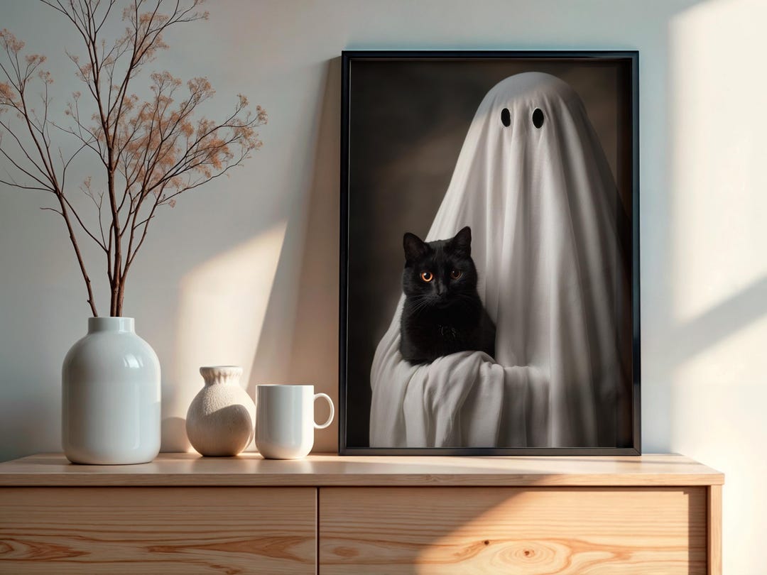Ghost and Black Cat Digital Printable Art, Halloween Cottagecore Wall ...