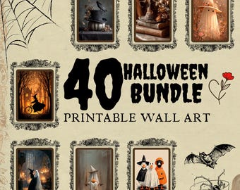 Paquete de 40 piezas de arte mural de Halloween, set de decoración imprimible espeluznante, pósteres digitales descargables, impresiones estéticas embrujadas, decoración gótica para el hogar.