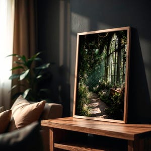 Printable wall art featuring a mystical greenhouse interior with deep green tones and vintage floral elements, perfect for a dark cottagecore or botanical witch aesthetic in any cozy living space. Ideal for instant download and home decor.