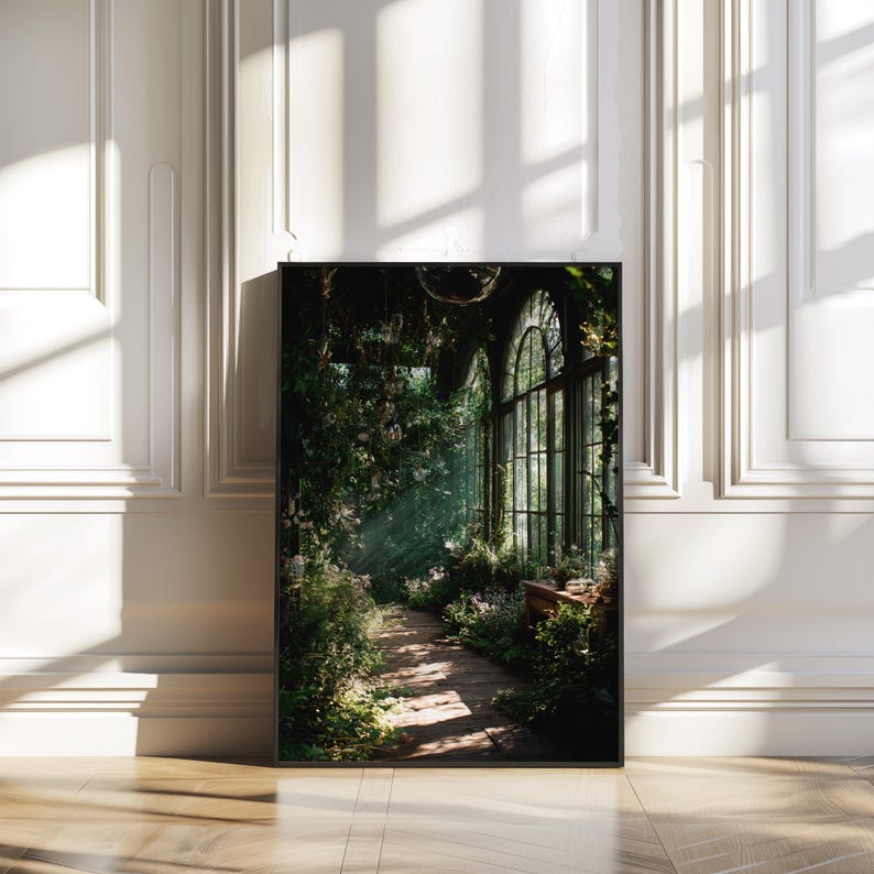 Printable wall art featuring a mystical greenhouse interior with deep green tones and vintage floral elements, perfect for a dark cottagecore or botanical witch aesthetic in any cozy living space. Ideal for instant download and home decor.