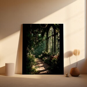 Printable wall art featuring a mystical greenhouse interior with deep green tones and vintage floral elements, perfect for a dark cottagecore or botanical witch aesthetic in any cozy living space. Ideal for instant download and home decor.