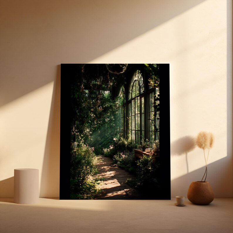 Printable wall art featuring a mystical greenhouse interior with deep green tones and vintage floral elements, perfect for a dark cottagecore or botanical witch aesthetic in any cozy living space. Ideal for instant download and home decor.
