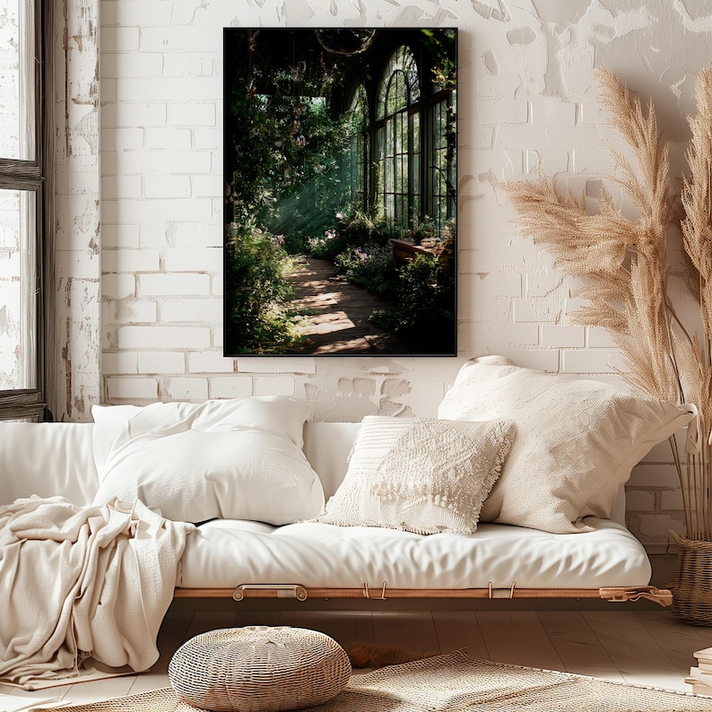 Printable wall art featuring a mystical greenhouse interior with deep green tones and vintage floral elements, perfect for a dark cottagecore or botanical witch aesthetic in any cozy living space. Ideal for instant download and home decor.