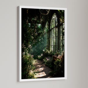 Printable wall art featuring a mystical greenhouse interior with deep green tones and vintage floral elements, perfect for a dark cottagecore or botanical witch aesthetic in any cozy living space. Ideal for instant download and home decor.