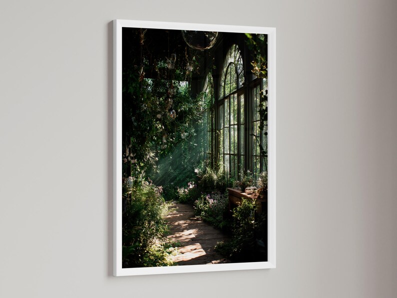 Printable wall art featuring a mystical greenhouse interior with deep green tones and vintage floral elements, perfect for a dark cottagecore or botanical witch aesthetic in any cozy living space. Ideal for instant download and home decor.
