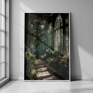 Printable wall art featuring a mystical greenhouse interior with deep green tones and vintage floral elements, perfect for a dark cottagecore or botanical witch aesthetic in any cozy living space. Ideal for instant download and home decor.