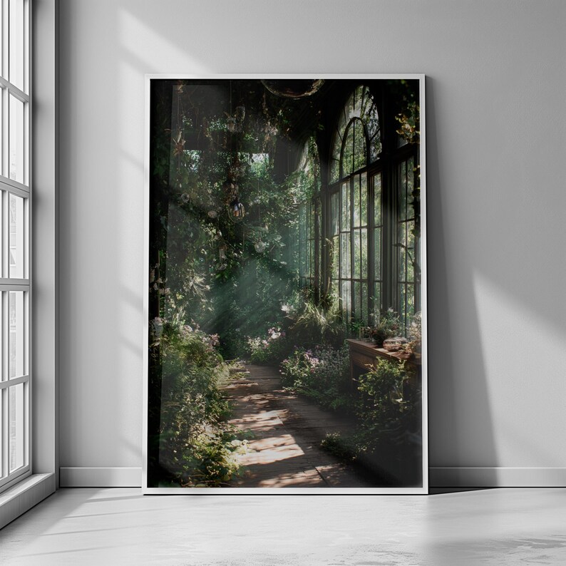 Printable wall art featuring a mystical greenhouse interior with deep green tones and vintage floral elements, perfect for a dark cottagecore or botanical witch aesthetic in any cozy living space. Ideal for instant download and home decor.