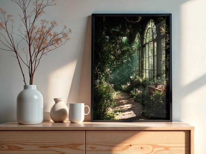 Printable wall art featuring a mystical greenhouse interior with deep green tones and vintage floral elements, perfect for a dark cottagecore or botanical witch aesthetic in any cozy living space. Ideal for instant download and home decor.
