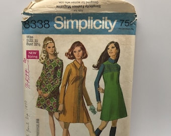 Vintage Simplicity Sewing Pattern 8338 A Line Dress Size 10 Miss Year 1969