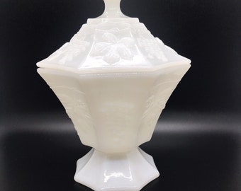 Vintage Milk Glass Candy Dish, Paneled Grape Pedestal Compote, Vanity Jar