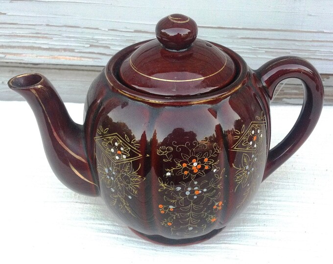 Vintage Brown Teapot Hand Painted Flowers Red Clay Brown Glaze Etsy