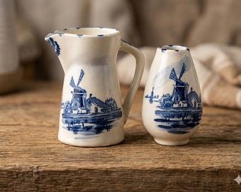 Vintage Delft Blue Style Pitcher and Bud Vase Set Hand-Painted Dutch Windmill Floral Miniature Creamer | Blue White Chinoiserie Dining Decor