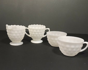 Milk Glass Bubble Design Creamer Sugar Cup Set White Kitchen Tea Coffee Vintage