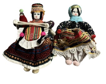Wood & Fabric Dolls Hand Sewn Folk Art German Statue Figurine