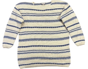Vintage Spring Sweater Denim Republic Knit Made in USA Size Medium Cream Blue Pullover Stripe Top