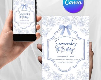 Blue Floral Birthday Invitation Template – Elegant Editable Canva Invite (Digital Download)