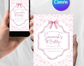 Modello di invito di compleanno floreale rosa - Elegante invito per festa di compleanno per ragazze (download digitale)