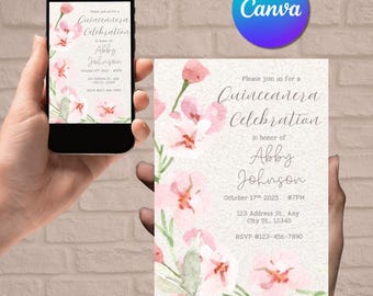 Floral Quinceañera Invitation | Editable Canva Template (Digital Download)