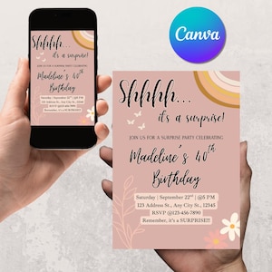 Surprise Birthday Invite, Boho Surprise Invitation, Girl Surprise Invite, &quot;Shhh... it&#39;s a Surprise, Editable and Printable Invitation