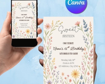 May include: A Sweet Sixteen birthday invitation with floral illustrations. The invitation is held in a hand next to a smartphone displaying the same design. The text reads "Sweet Sixteen" and "Anna's 16th Birthday".