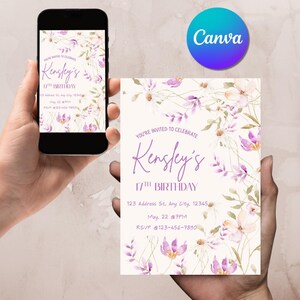 Girls Birthday Invitation, Flower Invite, Digital Canva Template