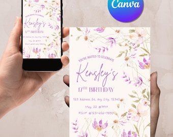 Girls Birthday Invitation, Flower Invite, Digital Canva Template