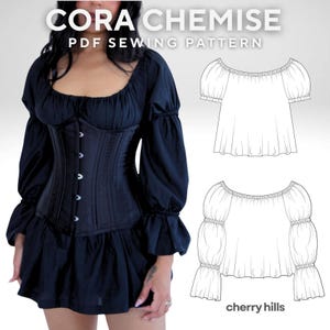 May include: Black chemise with a corset-style bodice and long, ruffled sleeves. The image also features a line drawing of a blouse with puff sleeves and a second blouse with long, ruffled sleeves. Text reads "CORA CHEMISE PDF SEWING PATTERN."