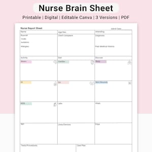 May include: A printable nurse report sheet titled "Nurse Brain Sheet" with sections for patient details, medical history, and care planning. Available in three versions and editable in Canva.