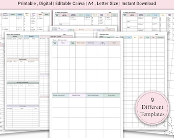 May include: A collection of printable nurse forms, including patient reports, a nurse shift organizer, medication logs, wound care sheets, and vital signs sheets. The forms are designed for long-term care and are available in A4 and letter sizes. The image includes the text "Nurse Long Term Care Bundle".