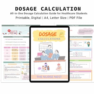 Könnte beinhalten: Digitaler Dosierungsberechnungsleitfaden für Studenten im Gesundheitswesen, druckbar und in A4- und Letter-Größe erhältlich. Das Cover zeigt "DOSAGE CALCULATION" und eine Illustration von medizinischem Personal.