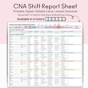 CNA Shift Report Sheet | Editable Certified Nursing Assistant Brain Sheet | Patient Care Tech |Multi Patients Shift Planner| RN Med Surg PDF
