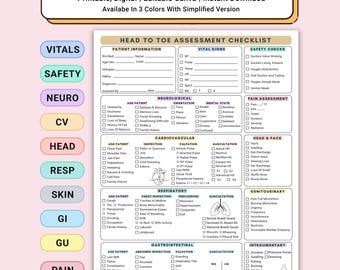 May include: A printable, digital, and editable "Head to Toe Assessment Checklist" in three colors. The medical form includes sections for patient information, vital signs, neurological, cardiovascular, respiratory, and gastrointestinal assessments.