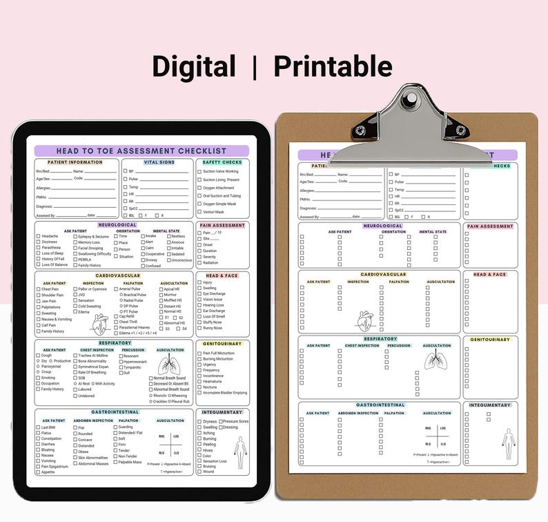 Editable Head-to-toe Nursing Assessment Template: Clinical Study Sheet ...