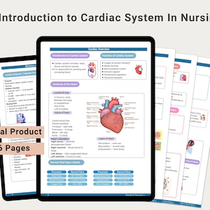 Pode incluir: Produto digital intitulado "Introdução ao Sistema Cardíaco em Enfermagem" exibido em um tablet. O tablet mostra diagramas do coração e informações médicas relacionadas. A imagem também inclui o texto "16 páginas".
