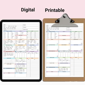 Pode incluir: Um tablet digital e uma prancheta com um formul&aacute;rio m&eacute;dico. O tablet exibe uma vers&atilde;o digital do formul&aacute;rio, enquanto a prancheta cont&eacute;m uma c&oacute;pia impressa. Os formul&aacute;rios t&ecirc;m se&ccedil;&otilde;es para hist&oacute;rico m&eacute;dico, seguran&ccedil;a, laborat&oacute;rios e muito mais. As palavras "Digital" e "Printable" est&atilde;o no topo.