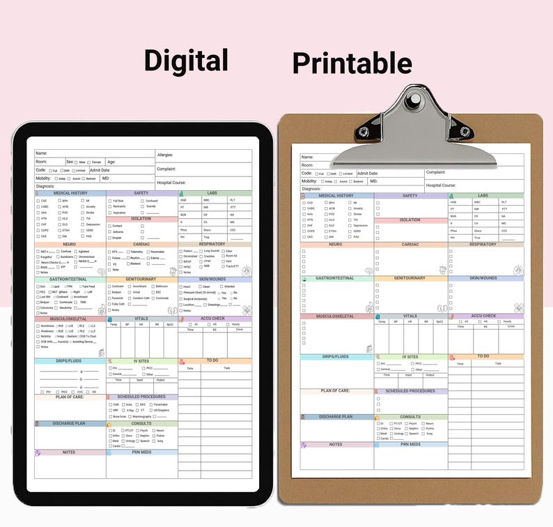 Pode incluir: Um tablet digital e uma prancheta com um formul&aacute;rio m&eacute;dico. O tablet exibe uma vers&atilde;o digital do formul&aacute;rio, enquanto a prancheta cont&eacute;m uma c&oacute;pia impressa. Os formul&aacute;rios t&ecirc;m se&ccedil;&otilde;es para hist&oacute;rico m&eacute;dico, seguran&ccedil;a, laborat&oacute;rios e muito mais. As palavras "Digital" e "Printable" est&atilde;o no topo.
