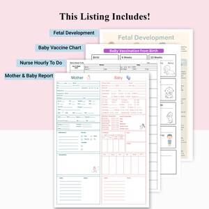 Peut inclure: Plusieurs formulaires imprimés pour le suivi du développement fœtal, des vaccinations des bébés et des rapports mère-bébé. Les formulaires sont blancs avec des accents roses et bleus, avec du texte comme "Fetal Development" et "Baby Vaccine Chart."