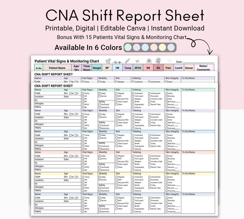 CNA Shift Report Sheet: Editable Patient Care Planner (PDF & Canva) - Etsy