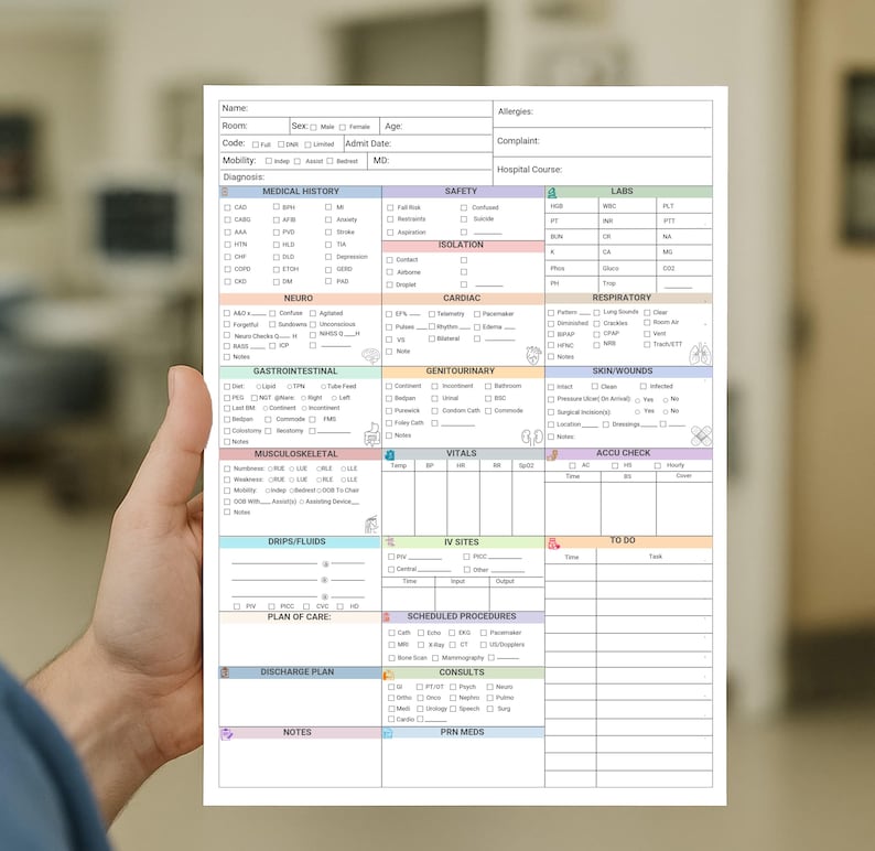 Pode incluir: Um gr&aacute;fico m&eacute;dico branco com se&ccedil;&otilde;es para informa&ccedil;&otilde;es do paciente, hist&oacute;rico m&eacute;dico e planos de cuidados. O gr&aacute;fico &eacute; segurado por uma m&atilde;o, com um fundo desfocado.