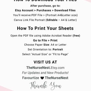 Pode incluir: Um gr&aacute;fico branco com texto preto fornece instru&ccedil;&otilde;es sobre como baixar e imprimir arquivos do Etsy. O texto inclui etapas para baixar, imprimir e visitar a loja Etsy TheNurseNest. A imagem tamb&eacute;m inclui uma mensagem de agradecimento.